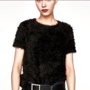 Zara black faux fur eyelash short sleeve blouse